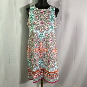 London Times Blue Pink & Green Floral Print Sleeveless Sheath Dress